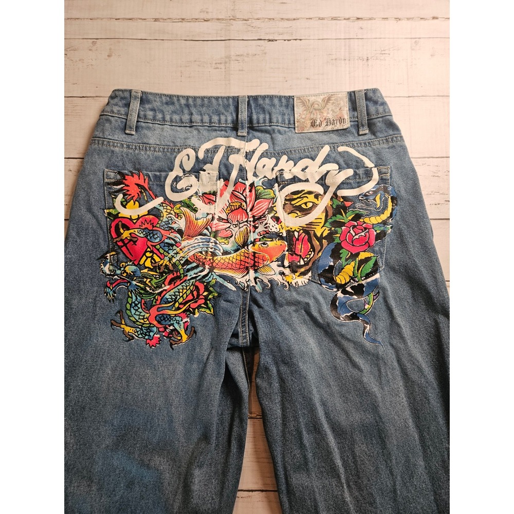 Ed Hardy Jeans Womens 30 Wide Leg Tattoo Dragon Koi Tiger Y2K Graphic Denim